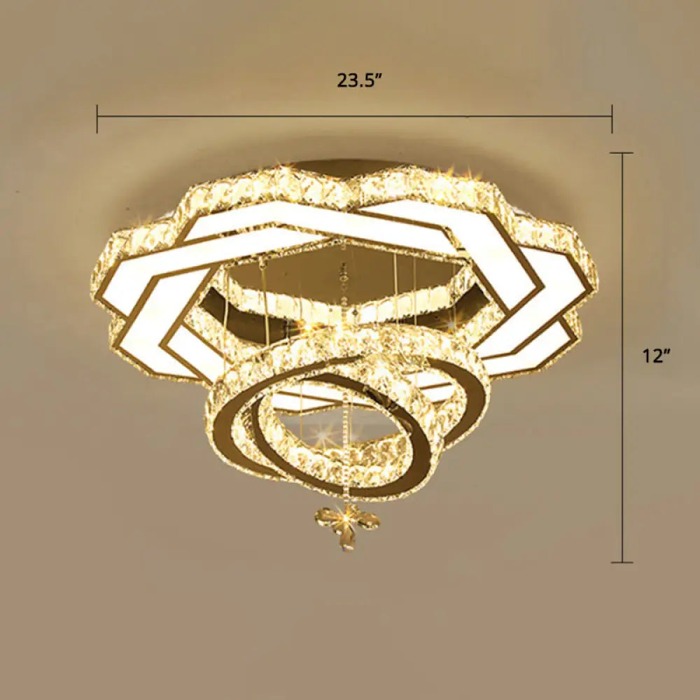 Contemporary Crystal Led Silver Rings Flush Mount Ceiling Light - Ideal For Bedroom / 23.5’ Flower