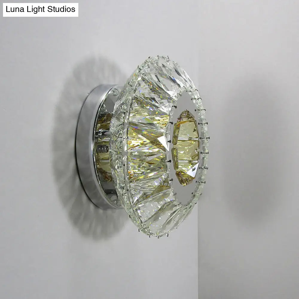 Contemporary Crystal Led Wall Lamp In 3 Colors - Round Mount With Chrome Sconce