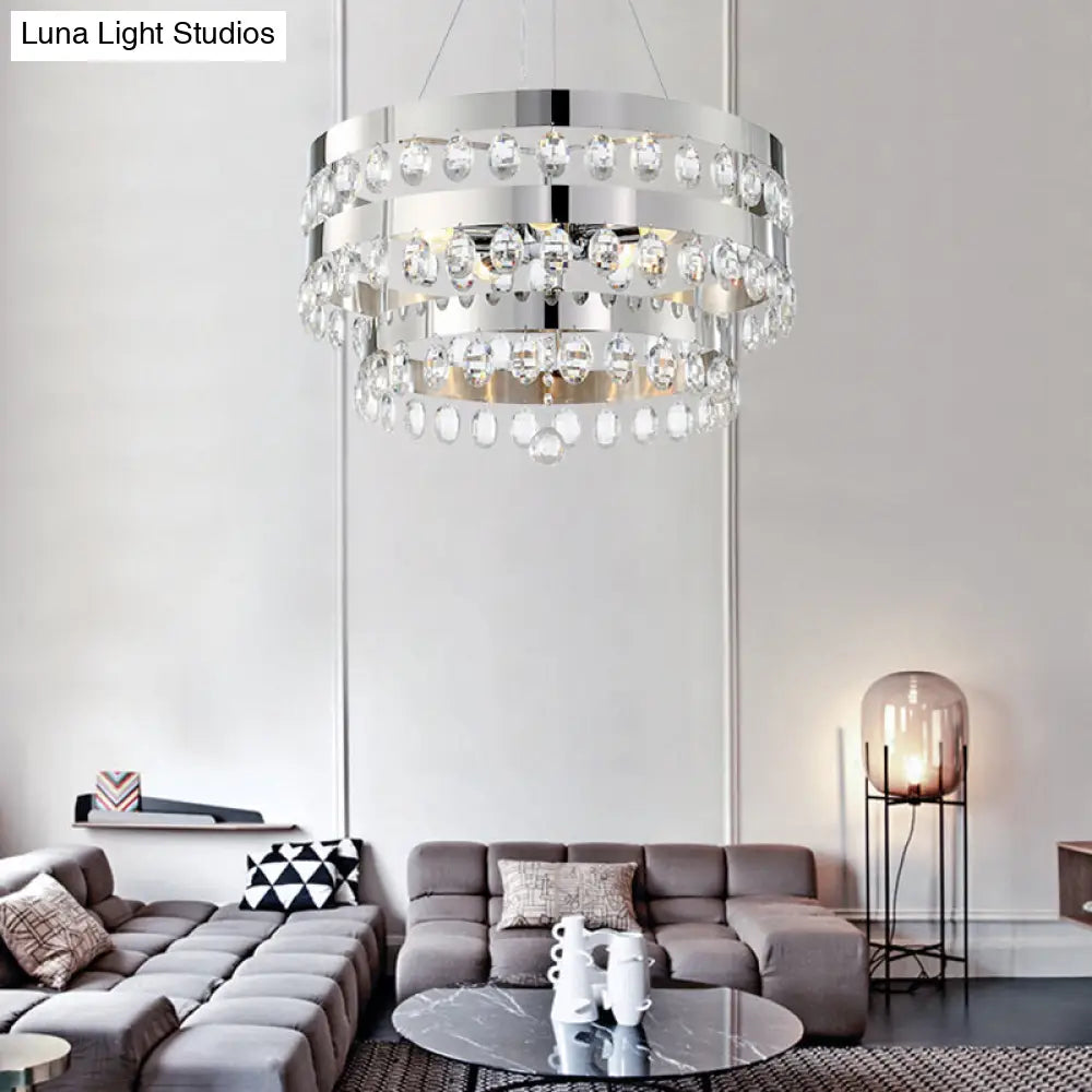 Contemporary Crystal Multi-Layer Chandelier Pendant With 5 Lights - Silver Suspension Lamp For