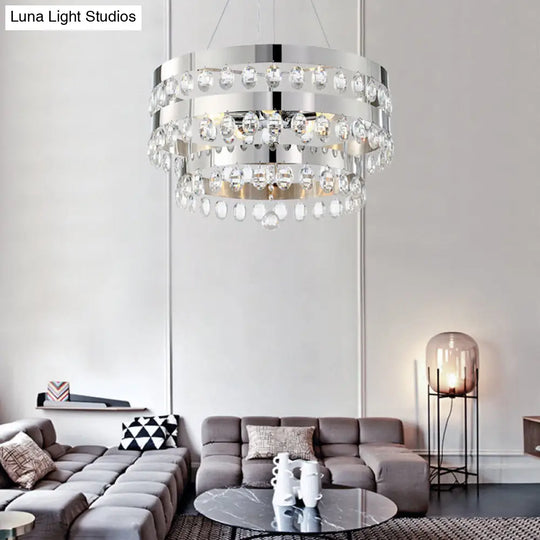 Contemporary Crystal Multi-Layer Chandelier Pendant With 5 Lights - Silver Suspension Lamp For