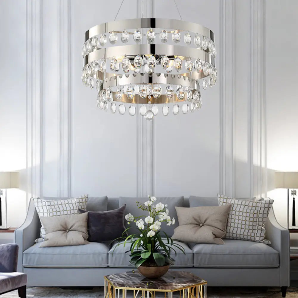 Contemporary Crystal Multi-Layer Chandelier Pendant With 5 Lights - Silver Suspension Lamp For