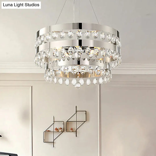 Contemporary Crystal Multi-Layer Chandelier Pendant With 5 Lights - Silver Suspension Lamp For