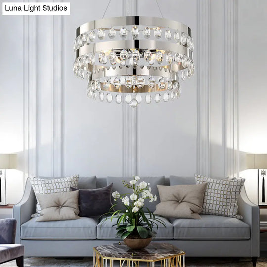 Contemporary Silver Chandelier Pendant - Crystal Multi-Layer Suspension Lamp 5 Lights Ideal For