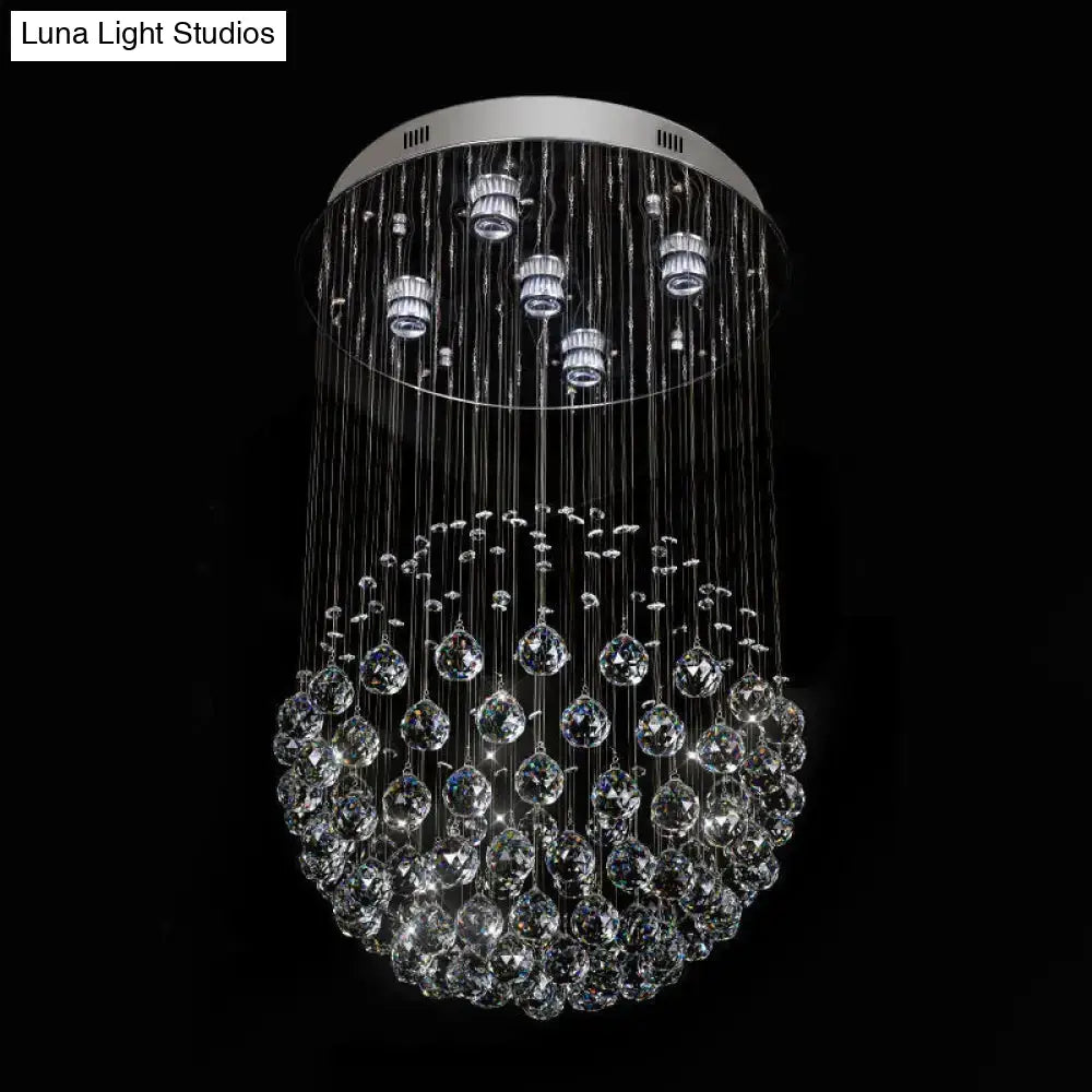 Contemporary Crystal Orb Ceiling Light - 5-Light Flush Mount In Stainless Steel