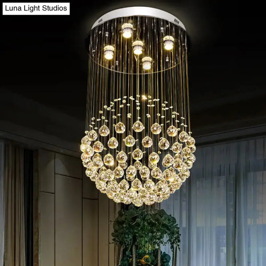 Contemporary Crystal Orb Ceiling Light - 5-Light Flush Mount In Stainless Steel