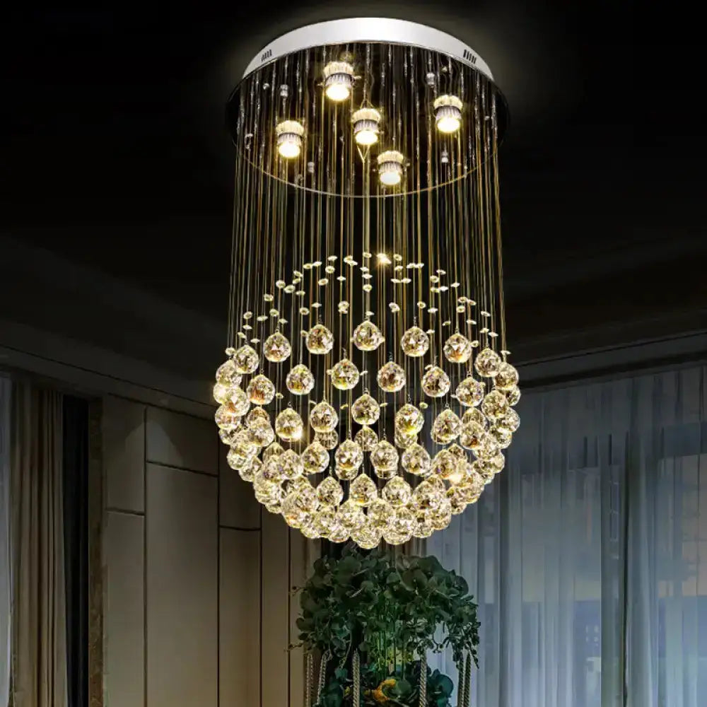 Contemporary Crystal Orb Ceiling Light - 5-Light Flush Mount In Stainless Steel Stainless-Steel