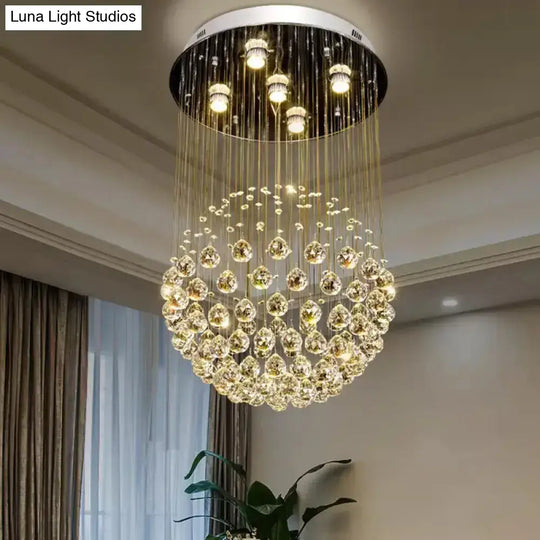 Contemporary Crystal Orb Ceiling Light - 5-Light Flush Mount In Stainless Steel