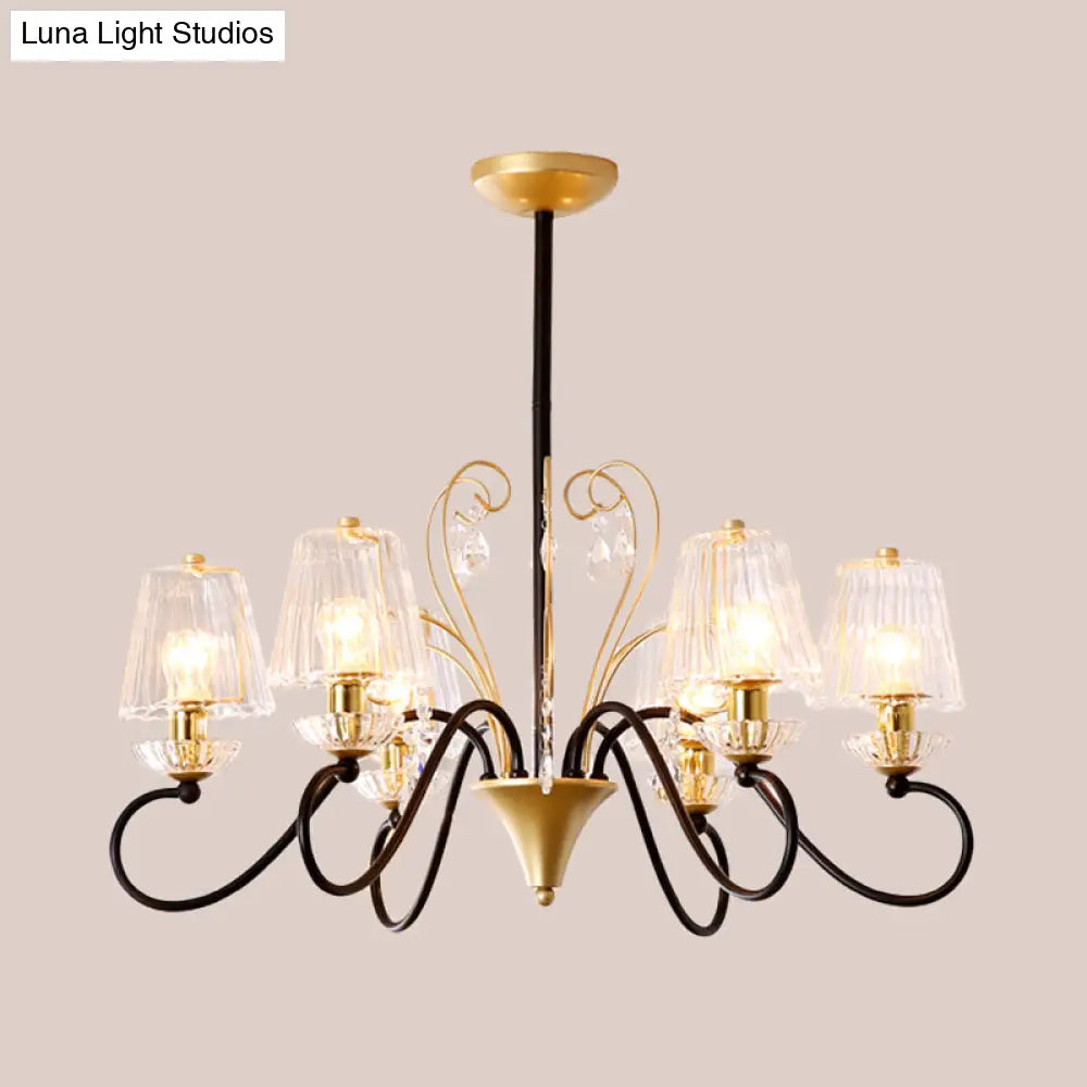 Contemporary Crystal Pendant Chandelier With Ribbed Cone Shades And Swirl Arm In Black-Gold/Gold -