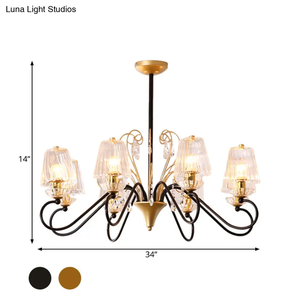 Contemporary Crystal Pendant Chandelier With Ribbed Cone Shades And Swirl Arm In Black-Gold/Gold -