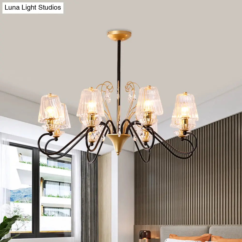 Contemporary Crystal Pendant Chandelier With Ribbed Cone Shades And Swirl Arm In Black-Gold/Gold -