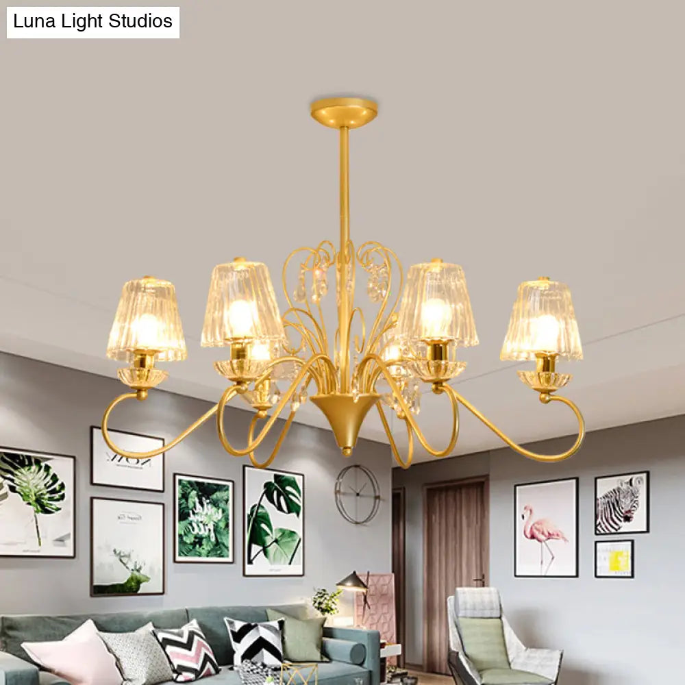 Contemporary Crystal Pendant Chandelier With Ribbed Cone Shades And Swirl Arm In Black-Gold/Gold -