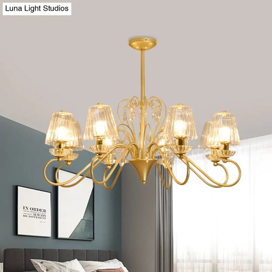 Contemporary Crystal Pendant Chandelier With Ribbed Cone Shades And Swirl Arm In Black-Gold/Gold -