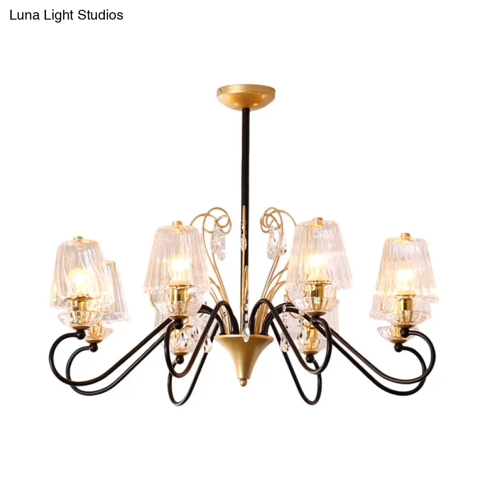 Contemporary Crystal Pendant Chandelier With Ribbed Cone Shades And Swirl Arm In Black-Gold/Gold -