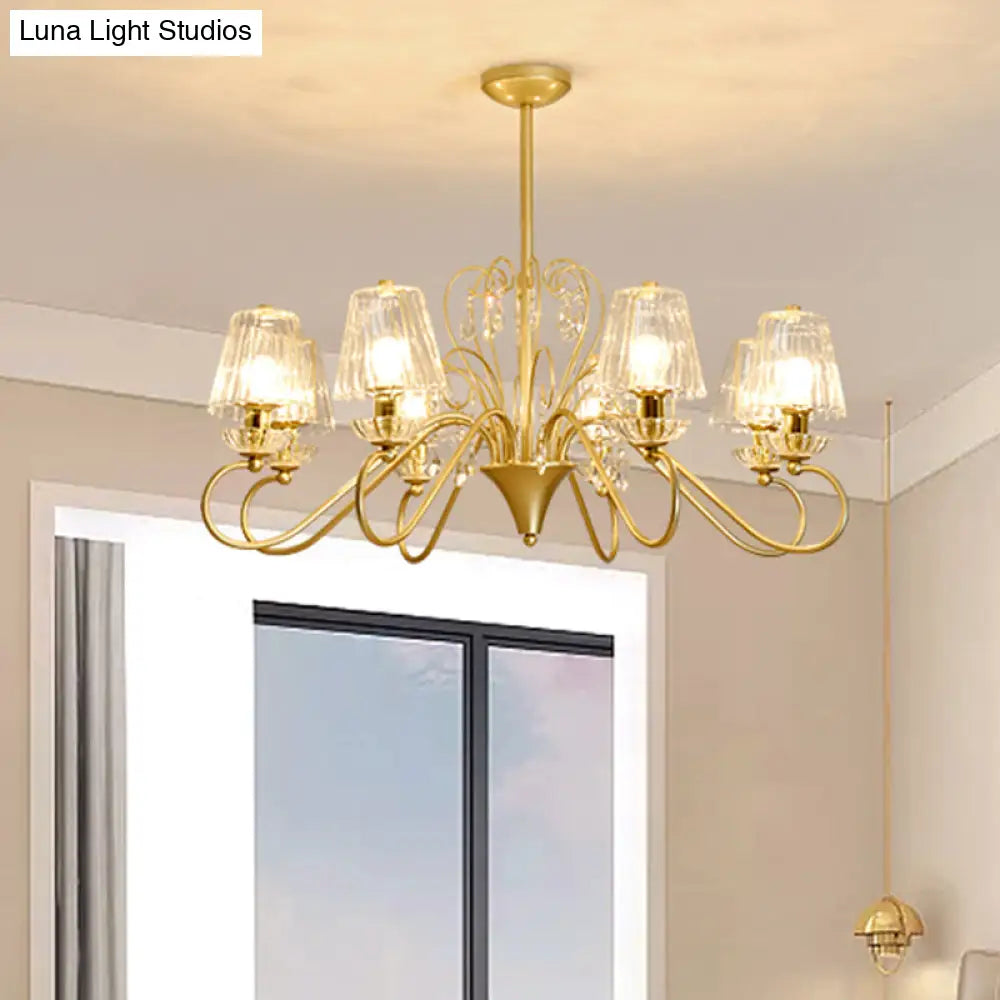 Contemporary Crystal Pendant Chandelier With Ribbed Cone Shades And Swirl Arm In Black-Gold/Gold -