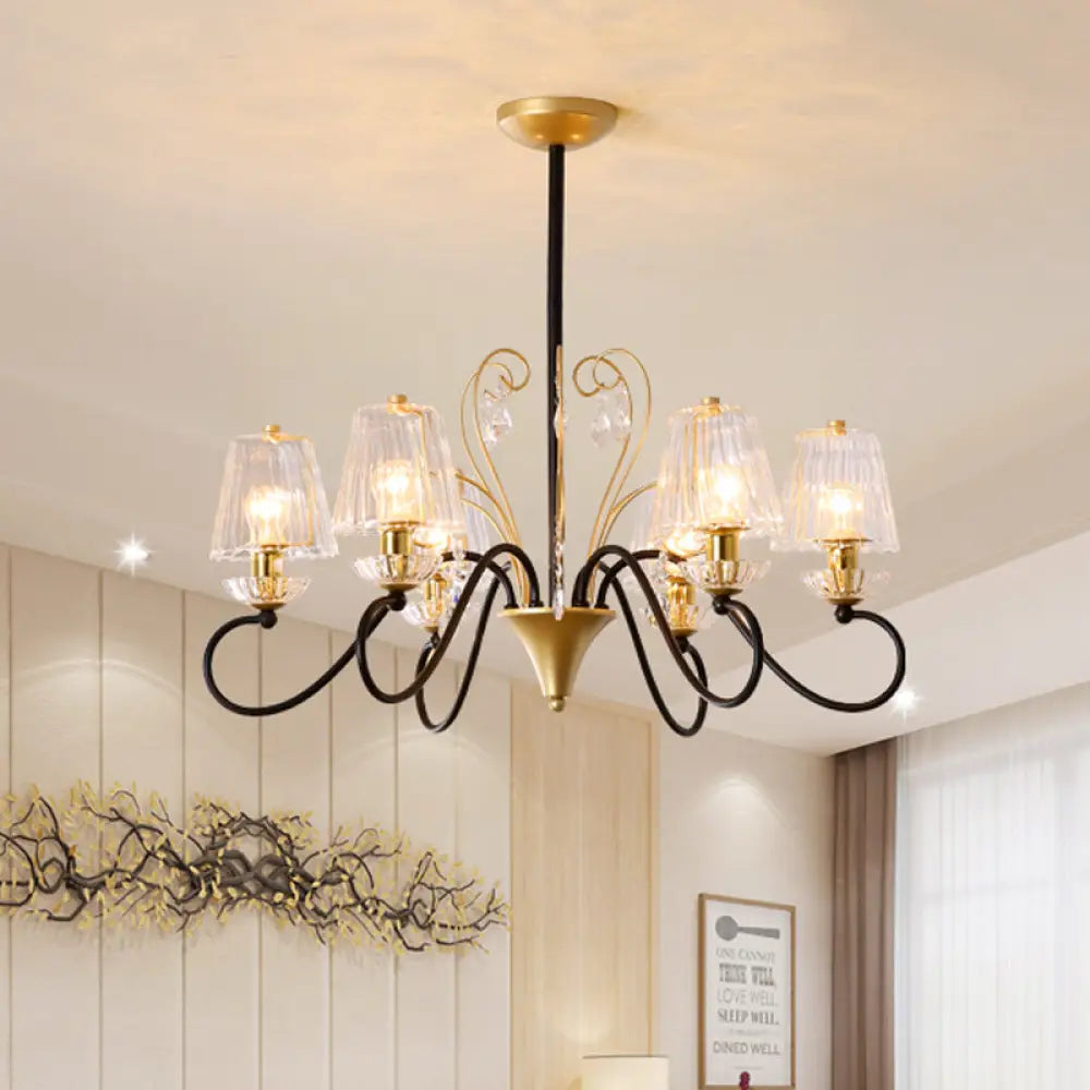 Contemporary Crystal Pendant Chandelier With Ribbed Cone Shades And Swirl Arm In Black-Gold/Gold -