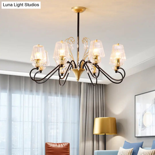 Contemporary Crystal Pendant Chandelier With Ribbed Cone Shades And Swirl Arm In Black-Gold/Gold -