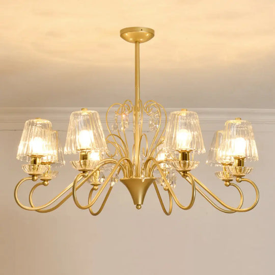 Contemporary Crystal Pendant Chandelier With Ribbed Cone Shades And Swirl Arm In Black-Gold/Gold -