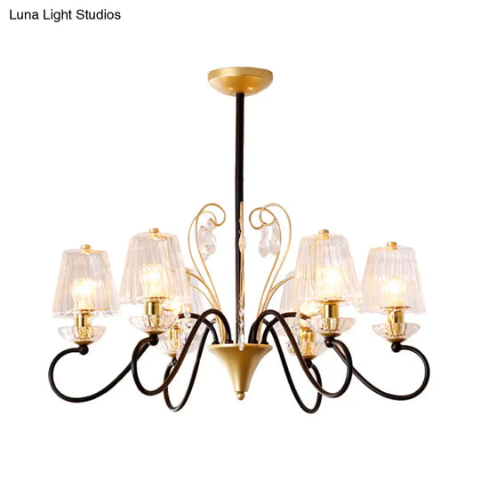 Contemporary Crystal Pendant Chandelier With Ribbed Cone Shades And Swirl Arm In Black-Gold/Gold -