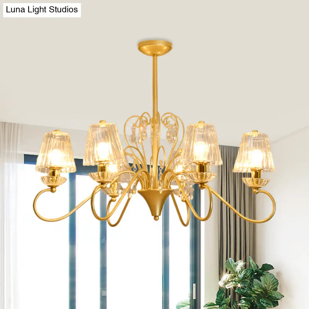 Contemporary Crystal Pendant Chandelier With Ribbed Cone Shades And Swirl Arm In Black-Gold/Gold -