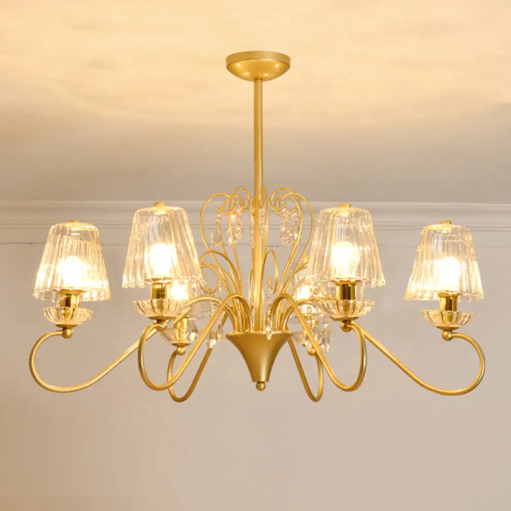 Contemporary Crystal Pendant Chandelier With Ribbed Cone Shades And Swirl Arm In Black-Gold/Gold -