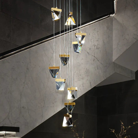 Contemporary Crystal Pendant Light For Stairs: Triangle Spiral Cluster Design 10 / Clear