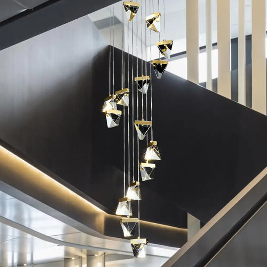 Contemporary Crystal Pendant Light For Stairs: Triangle Spiral Cluster Design 15 / Clear