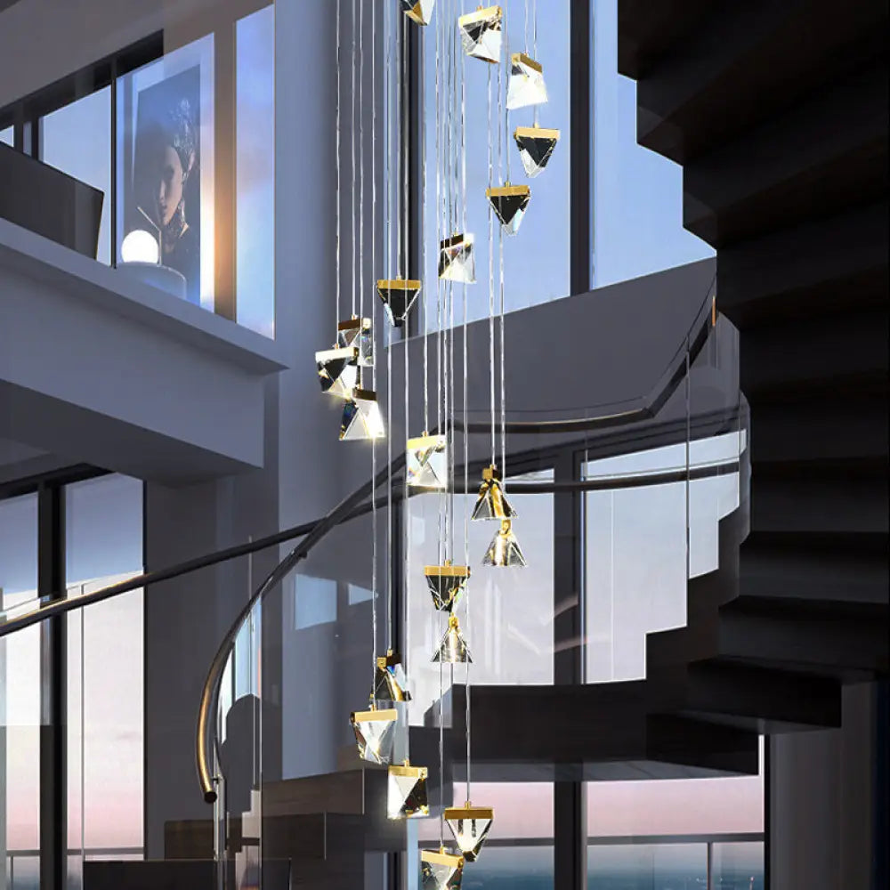 Contemporary Crystal Pendant Light For Stairs: Triangle Spiral Cluster Design 20 / Clear