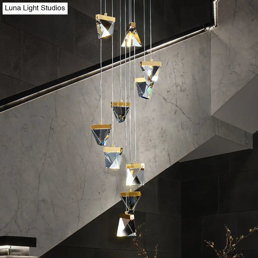 Contemporary Crystal Cluster Pendant For Stairs - Clear Triangle Spiral Hanging Light 10 /