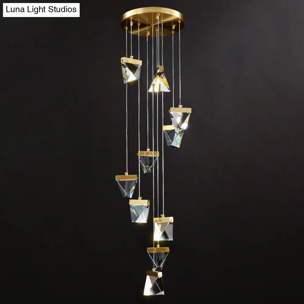 Contemporary Crystal Pendant Light For Stairs: Triangle Spiral Cluster Design