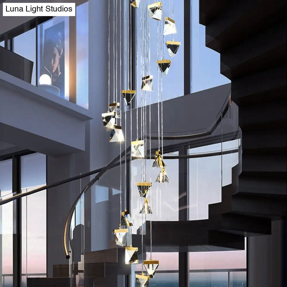 Contemporary Crystal Cluster Pendant For Stairs - Clear Triangle Spiral Hanging Light 20 /