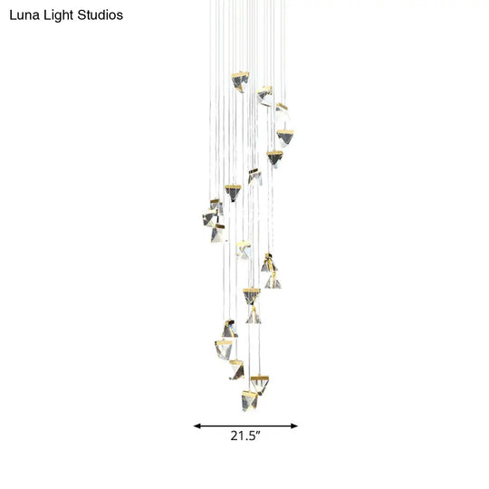 Contemporary Crystal Cluster Pendant For Stairs - Clear Triangle Spiral Hanging Light