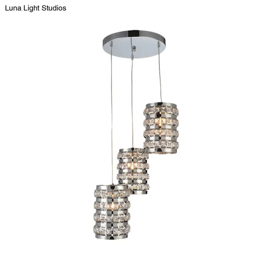 Contemporary Chrome Multi-Light Pendant - Cylinder Crystal 3 Lights Ceiling Suspension Lamp