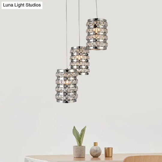 Contemporary Chrome Multi-Light Pendant - Cylinder Crystal 3 Lights Ceiling Suspension Lamp