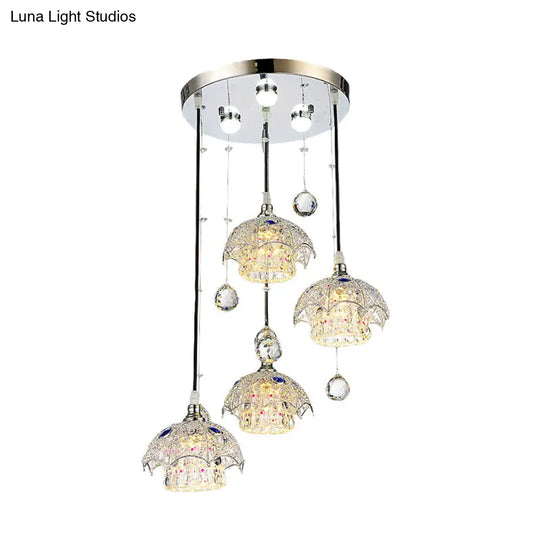 Contemporary Crystal Pendant Light With Chrome Finish And Down Lighting - 4 Cylinder Cluster Style