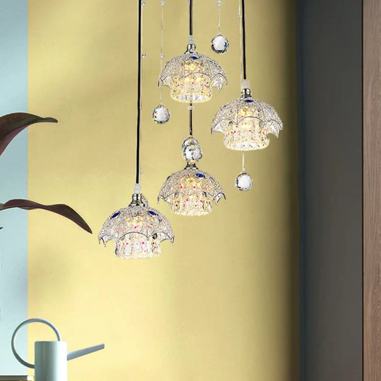 Contemporary Crystal Pendant Light With Chrome Finish And Down Lighting - 4 Cylinder Cluster Style