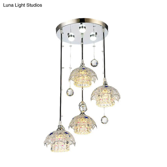 Cylinder Crystal Block Cluster Pendant Light With Umbrella Top - Contemporary Chrome Finish 4 Lights