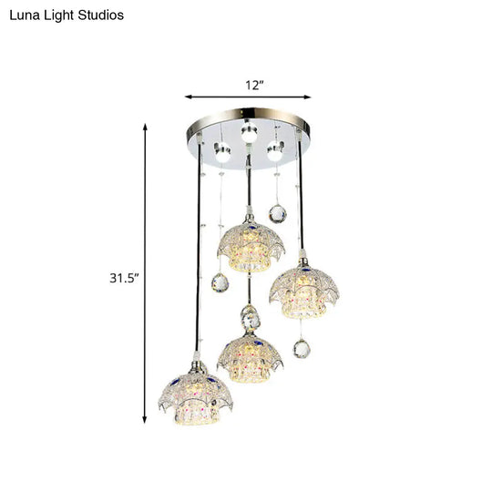 Cylinder Crystal Block Cluster Pendant Light With Umbrella Top - Contemporary Chrome Finish 4 Lights
