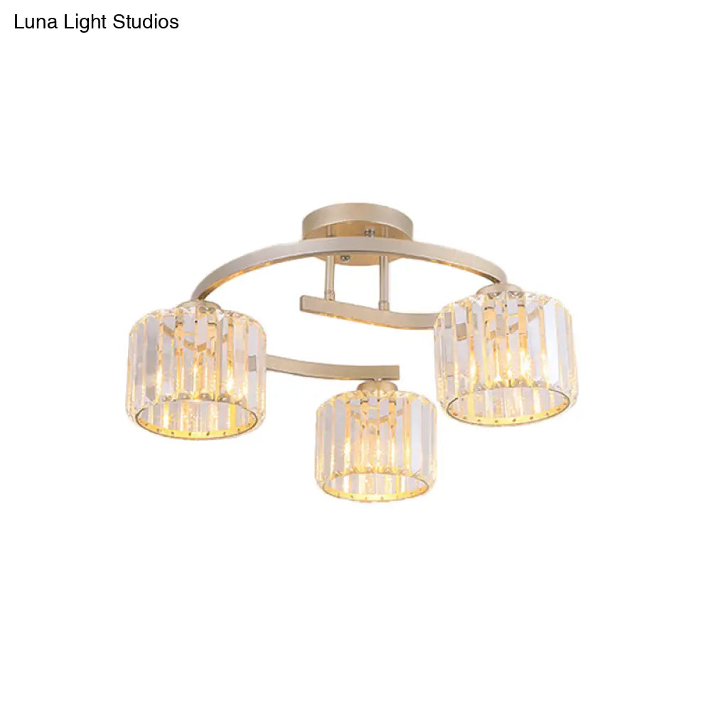Contemporary Crystal Prism Cup Semi-Flush Chandelier With Gold Curved Arm - 3 Heads Ceiling Mount