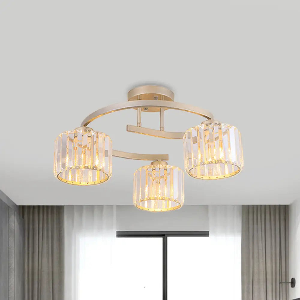 Contemporary Crystal Prism Cup Semi-Flush Chandelier With Gold Curved Arm - 3 Heads Ceiling Mount