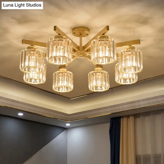 Contemporary Crystal Prism Cylindrical Semi Flush Chandelier Ceiling Light For Living Room