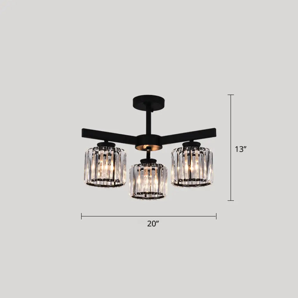 Contemporary Crystal Prism Cylindrical Semi Flush Chandelier Ceiling Light For Living Room 3 / Black