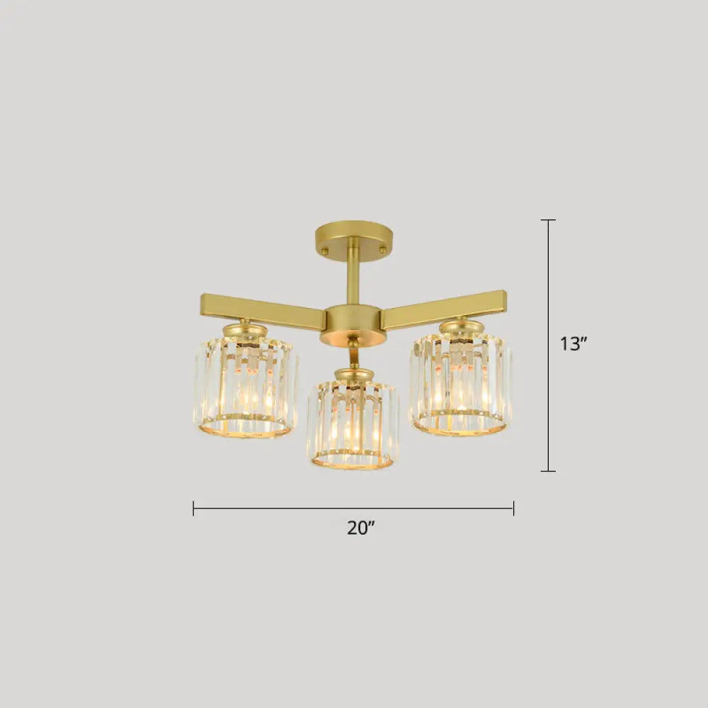 Contemporary Crystal Prism Cylindrical Semi Flush Chandelier Ceiling Light For Living Room 3 / Gold