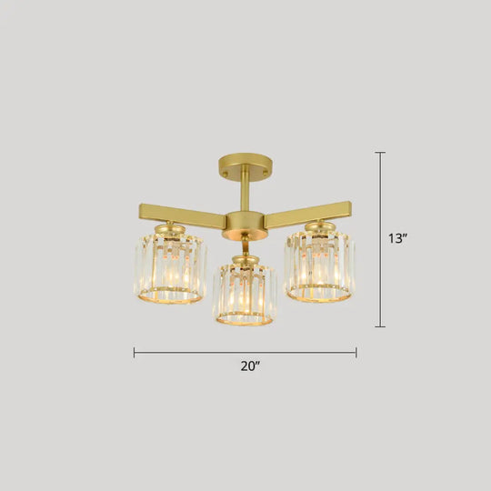 Contemporary Crystal Prism Cylindrical Semi Flush Chandelier Ceiling Light For Living Room 3 / Gold