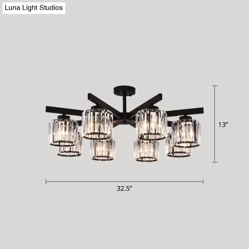 Contemporary Crystal Prism Cylindrical Semi Flush Chandelier Ceiling Light For Living Room 8 / Black