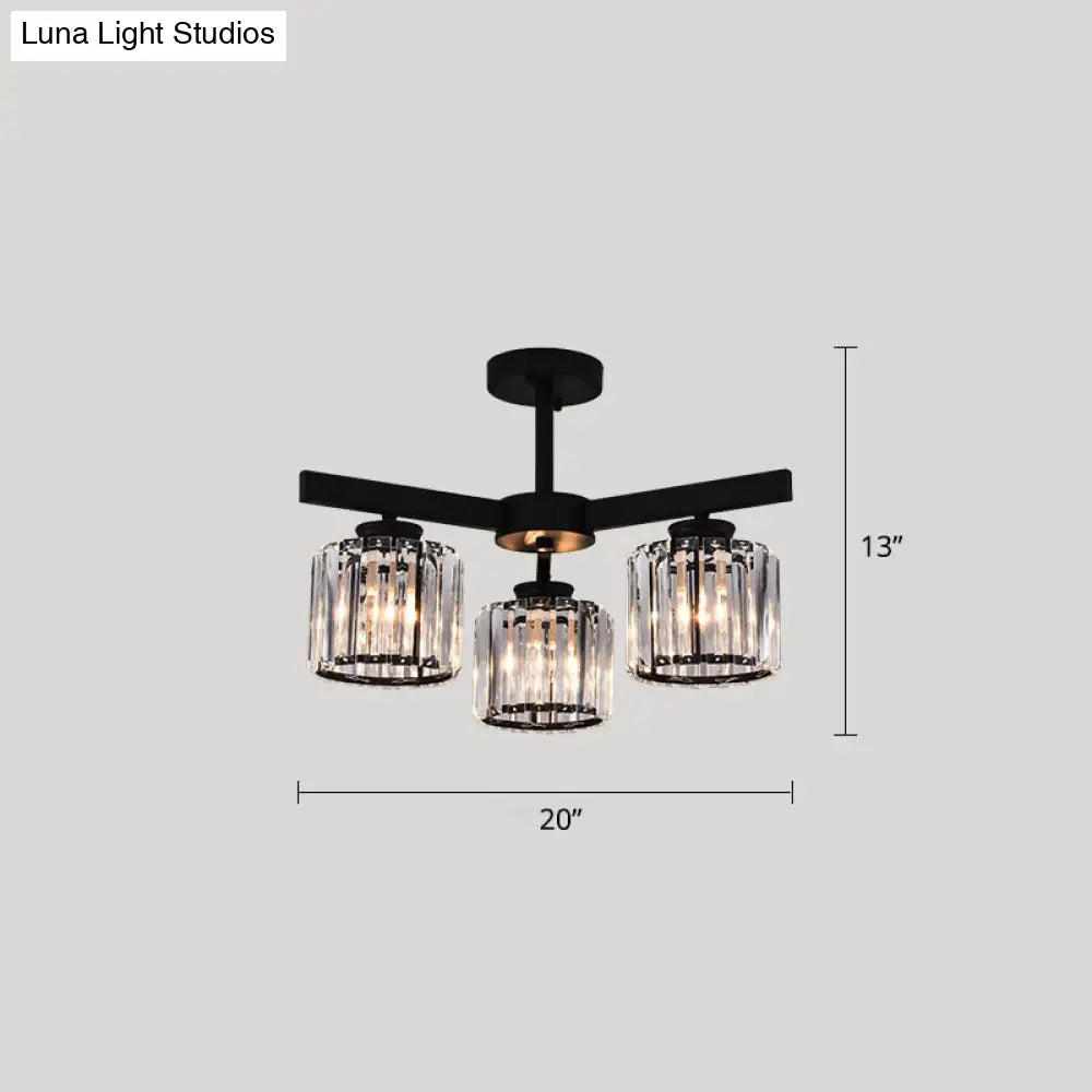 Contemporary Crystal Prism Cylindrical Semi Flush Chandelier Ceiling Light For Living Room 3 / Black