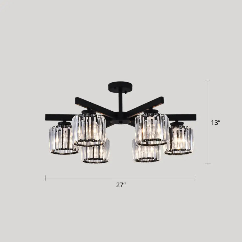 Contemporary Crystal Prism Cylindrical Semi Flush Chandelier Ceiling Light For Living Room 6 / Black