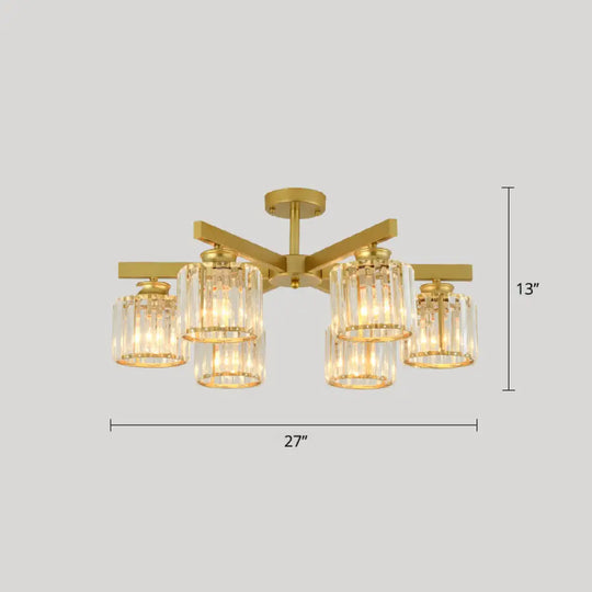 Contemporary Crystal Prism Cylindrical Semi Flush Chandelier Ceiling Light For Living Room 6 / Gold