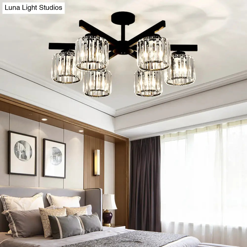 Contemporary Crystal Prism Cylindrical Semi Flush Chandelier Ceiling Light For Living Room