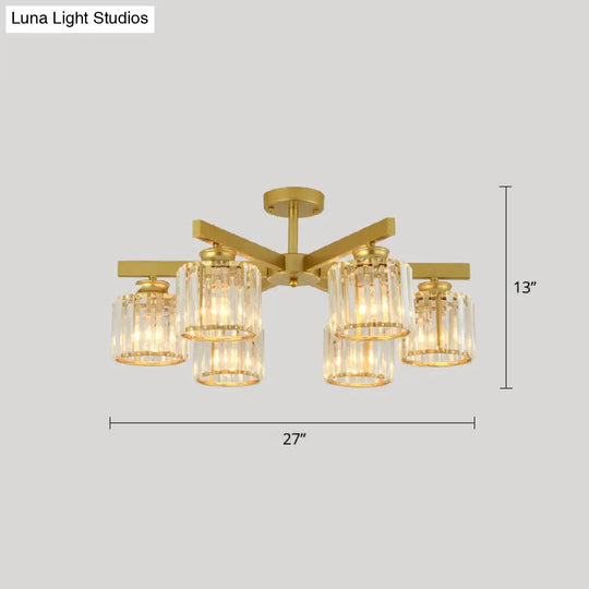 Contemporary Crystal Prism Cylindrical Semi Flush Chandelier Ceiling Light For Living Room 6 / Gold