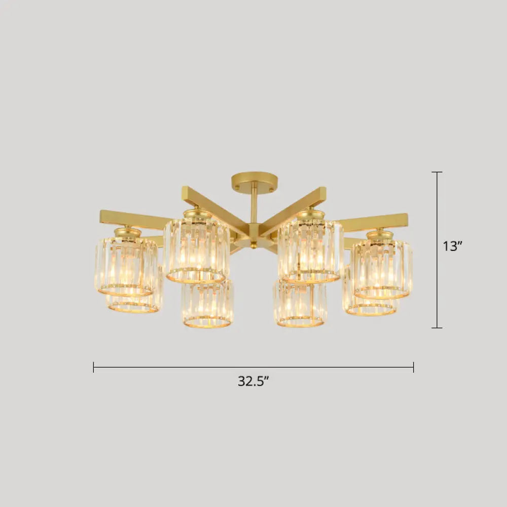 Contemporary Crystal Prism Cylindrical Semi Flush Chandelier Ceiling Light For Living Room 8 / Gold
